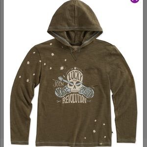 Lucky Brand long sleeve T hoodie olive green with skull guitar screen print